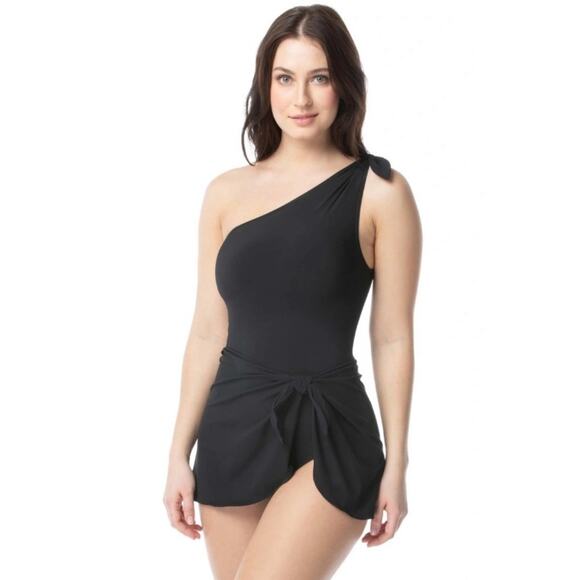 Contours by Coco Reef Swimsuit Size 12/36D One Shoulder Sarong Rosaline Black - Picture 3 of 16